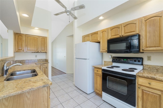 kitchen featuring light stone countertops, white appliances, ceiling fan, sink, and light tile patterned flooring