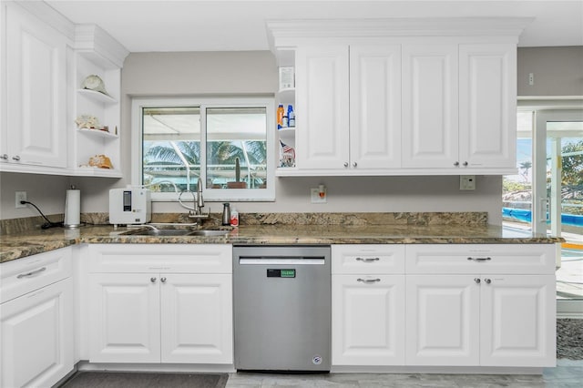 kitchen featuring a wealth of natural light, sink, white cabinets, and stainless steel dishwasher