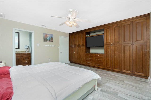 bedroom with ceiling fan, light hardwood / wood-style floors, connected bathroom, and a closet