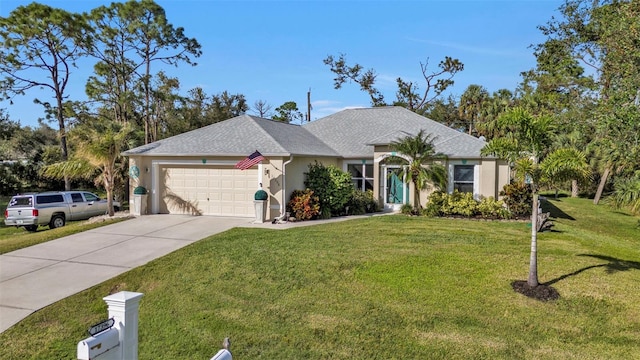 single story home with a front yard and a garage