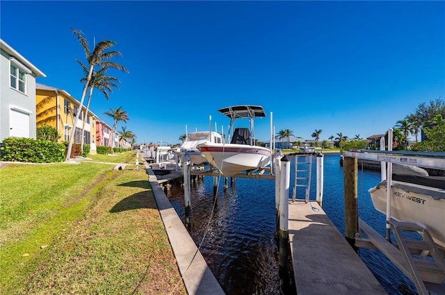 dock area featuring a water view and a lawn