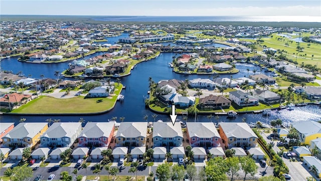 bird's eye view with a water view