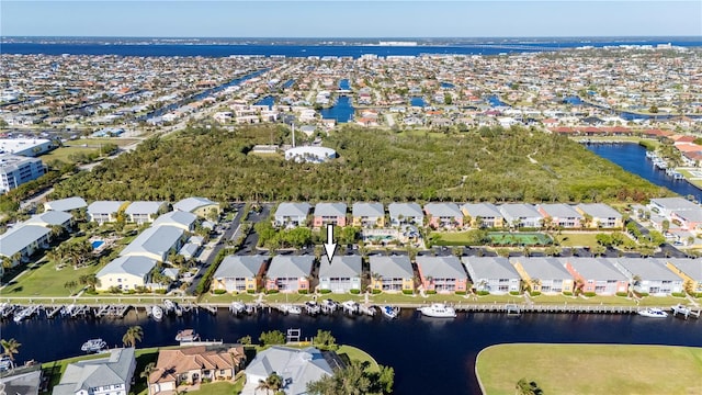 drone / aerial view featuring a water view