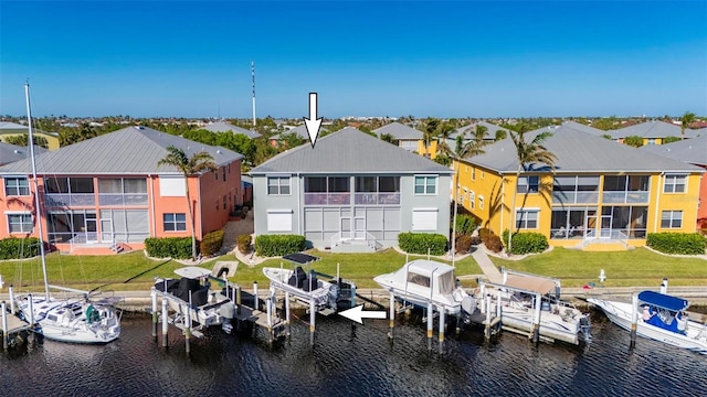 exterior space with a water view