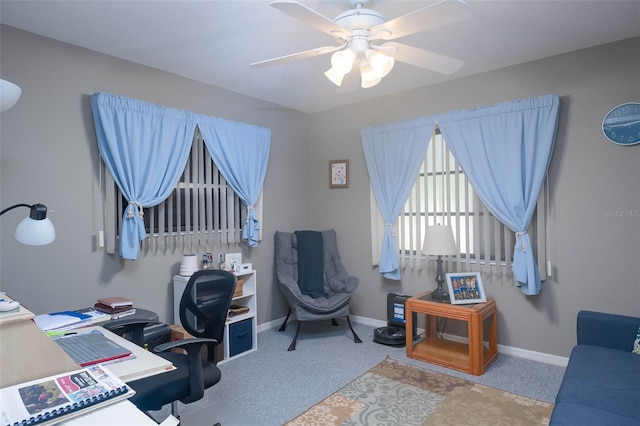 office with light colored carpet and ceiling fan