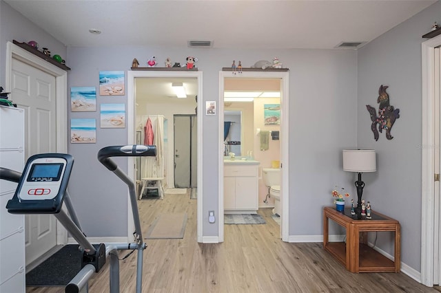 workout area with hardwood / wood-style floors and sink