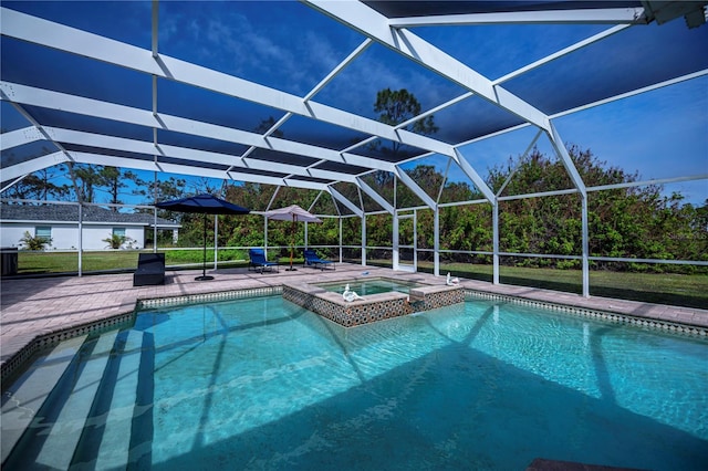 view of swimming pool with a lanai, an in ground hot tub, and a patio