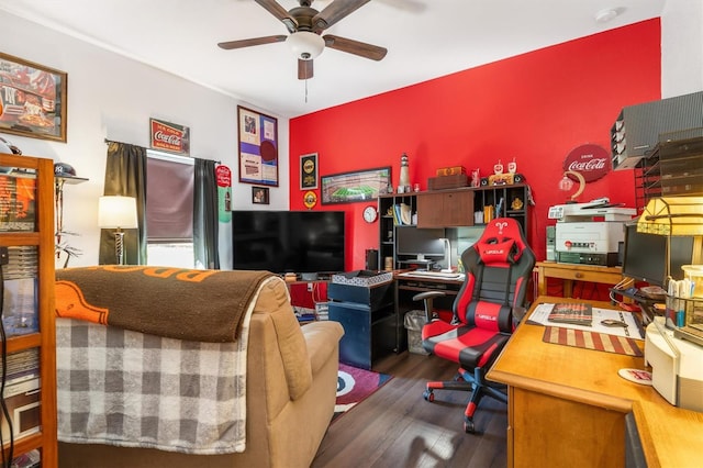 office with dark hardwood / wood-style flooring and ceiling fan