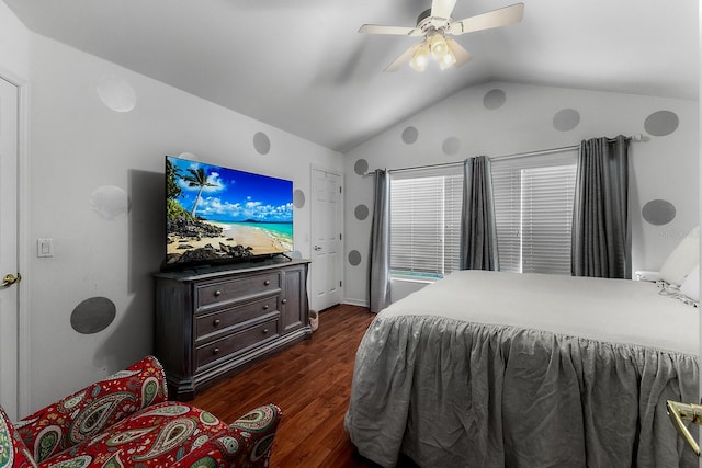 bedroom with lofted ceiling, ceiling fan, and dark hardwood / wood-style floors