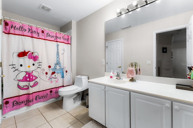 full bathroom featuring tile patterned flooring, vanity, shower / bath combination with curtain, and toilet