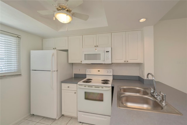 kitchen with white cabinetry, sink, ceiling fan, white appliances, and light tile patterned floors