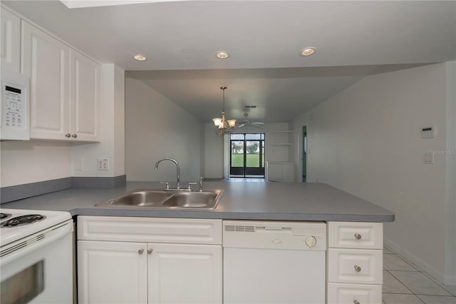 kitchen featuring ceiling fan, sink, kitchen peninsula, white appliances, and white cabinets