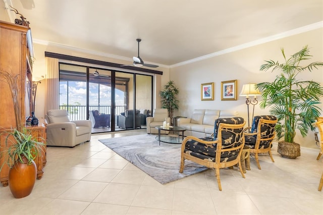 living room featuring ceiling fan, crown molding, and light tile patterned flooring