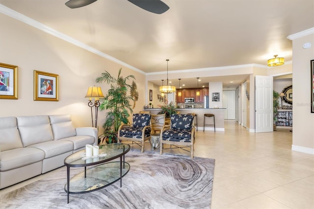 living room with light tile patterned floors and ornamental molding