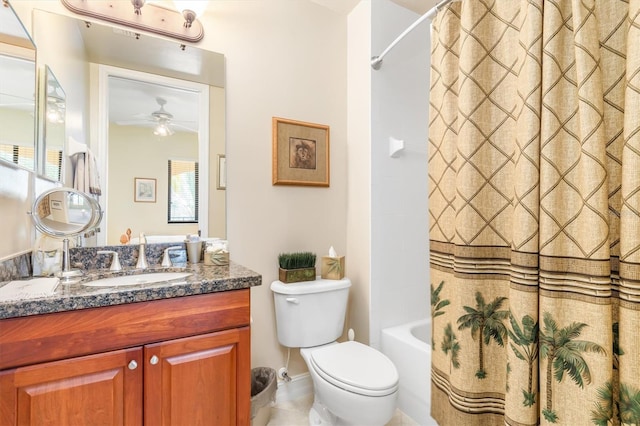 full bathroom with ceiling fan, tile patterned floors, shower / bath combination with curtain, toilet, and vanity