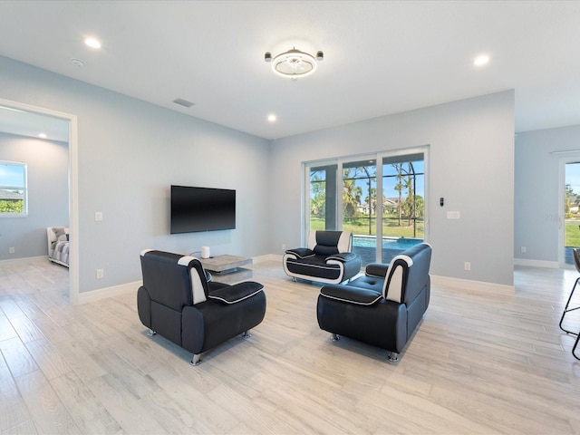 living room with light hardwood / wood-style floors and a wealth of natural light