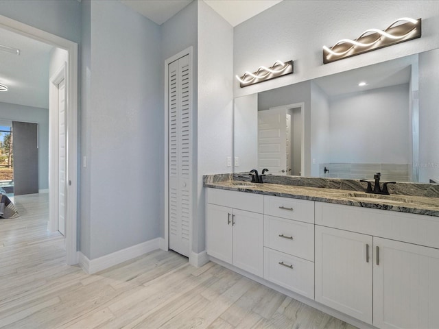 bathroom with hardwood / wood-style floors and vanity