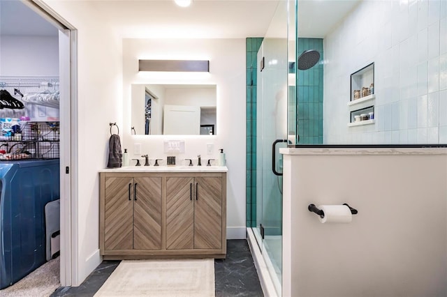 1010 Robinhood Dr, Punta Gorda, FL 33982 - full bath with a shower stall, double vanity, marble look tiles, and baseboards