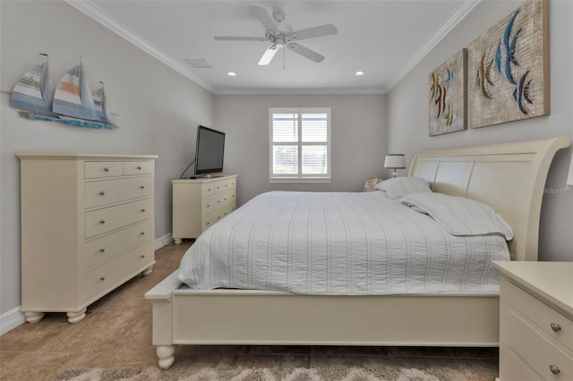 tiled bedroom featuring ceiling fan and crown molding