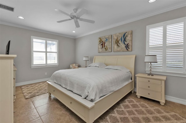 bedroom featuring multiple windows, tile patterned floors, ceiling fan, and ornamental molding