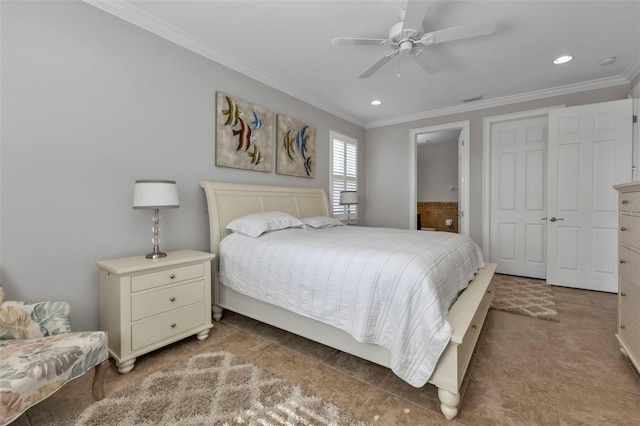 bedroom with a closet, ceiling fan, and ornamental molding