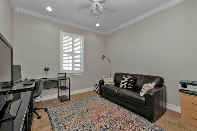 tiled home office featuring ceiling fan and crown molding