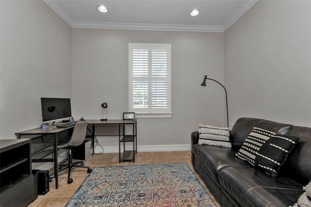 office area featuring light tile patterned floors and ornamental molding