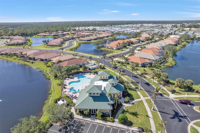 aerial view featuring a water view