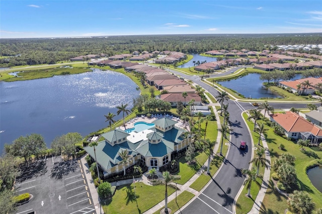 drone / aerial view with a water view