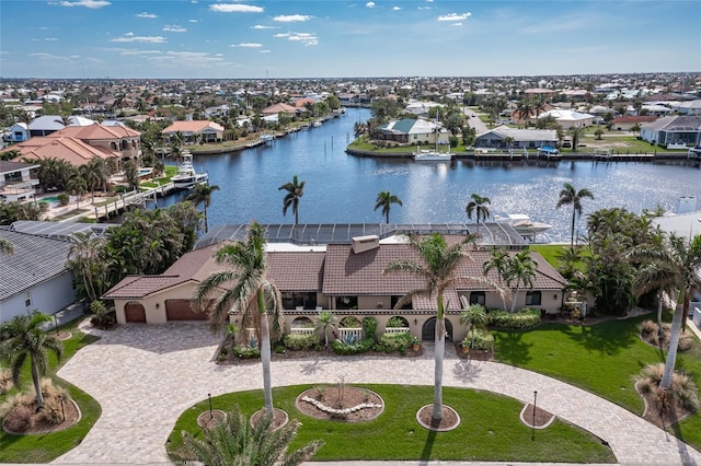 aerial view featuring a water view