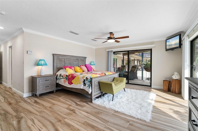 bedroom with access to exterior, light wood-type flooring, ceiling fan, and ornamental molding