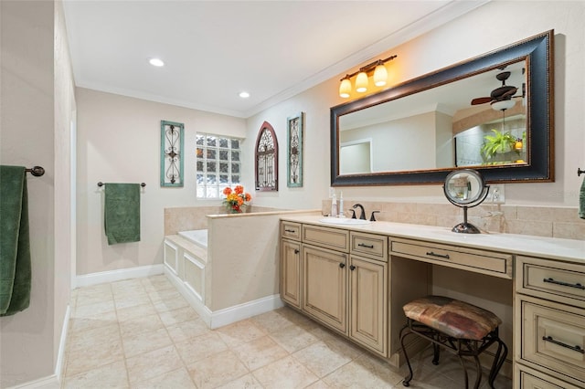 bathroom with tile patterned flooring, vanity, a bathtub, and crown molding