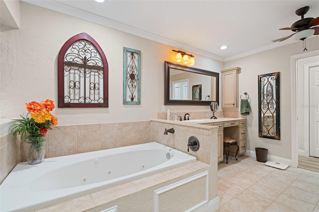 bathroom featuring tile patterned floors, ceiling fan, a relaxing tiled tub, and ornamental molding