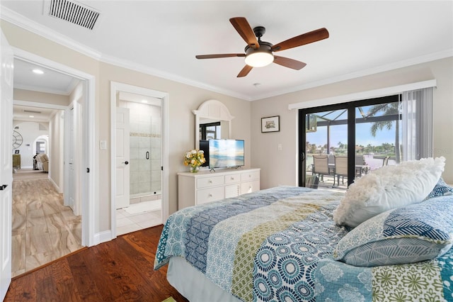 bedroom featuring access to outside, ensuite bathroom, light hardwood / wood-style flooring, ceiling fan, and ornamental molding