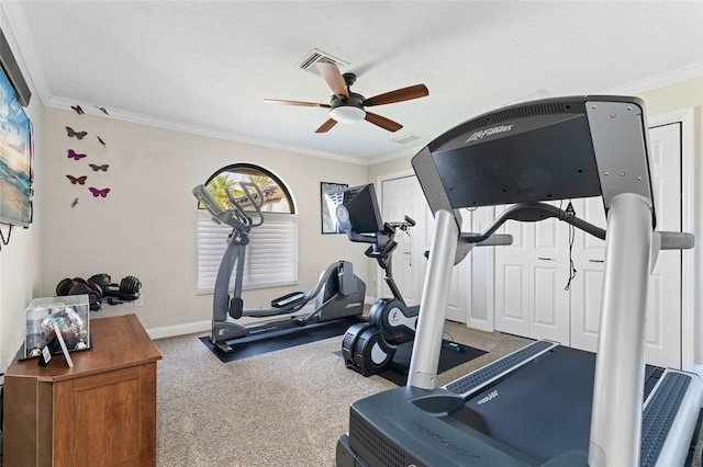 workout area with carpet, crown molding, and ceiling fan