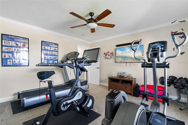 exercise area with carpet flooring, ceiling fan, and ornamental molding