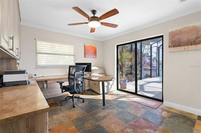 home office featuring crown molding and ceiling fan