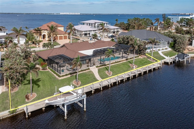 aerial view featuring a water view