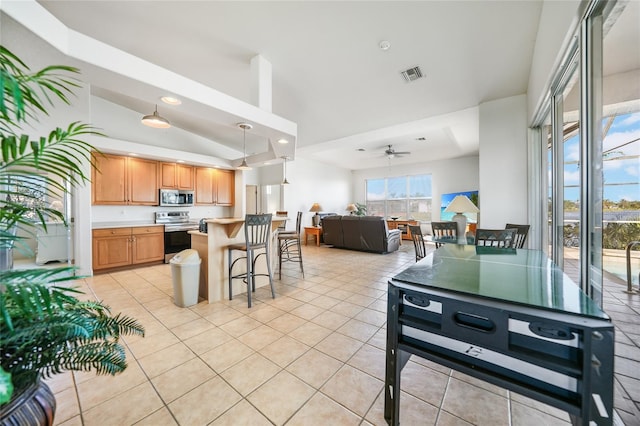 kitchen with appliances with stainless steel finishes, ceiling fan, lofted ceiling, and light tile patterned flooring