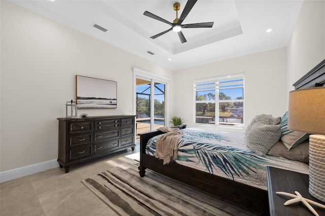 bedroom with ceiling fan, a raised ceiling, crown molding, and access to outside