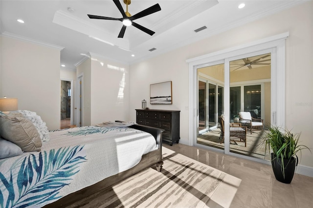 bedroom with a raised ceiling, access to exterior, ceiling fan, and ornamental molding