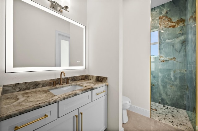 bathroom with vanity, toilet, and a shower