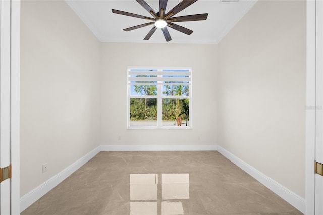 empty room with crown molding, ceiling fan, and light tile patterned floors