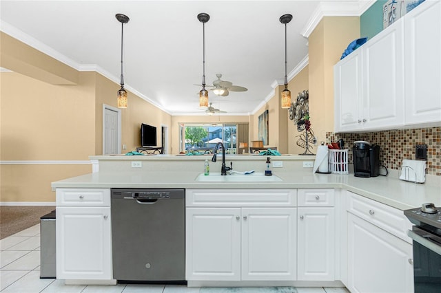 kitchen with stainless steel appliances, ceiling fan, sink, white cabinets, and light tile patterned flooring