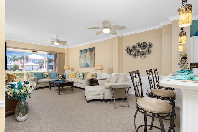 carpeted living room with ornamental molding