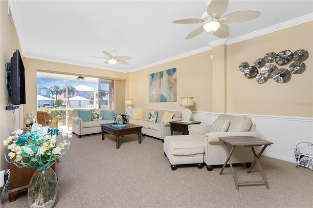 carpeted living room with crown molding