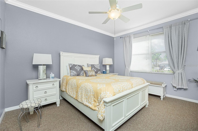 carpeted bedroom with ceiling fan and crown molding