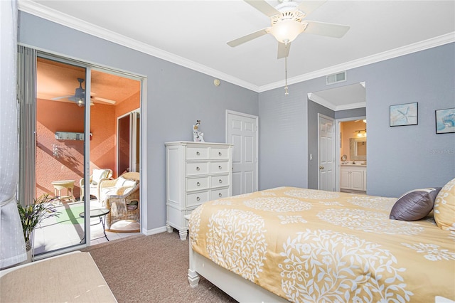 carpeted bedroom featuring connected bathroom, ceiling fan, and ornamental molding