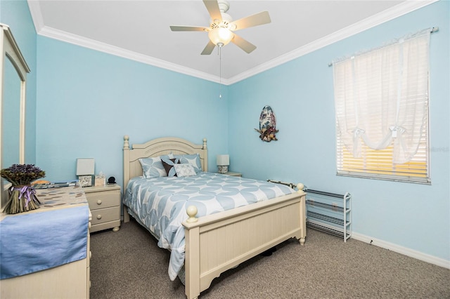 carpeted bedroom with ceiling fan and ornamental molding