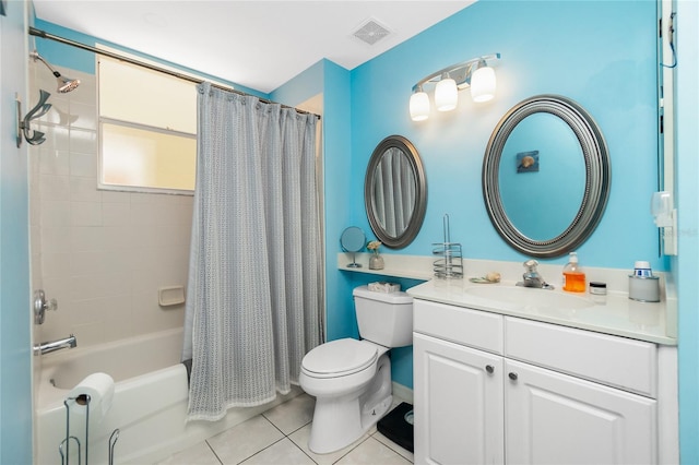 full bathroom featuring tile patterned floors, vanity, toilet, and shower / bathtub combination with curtain